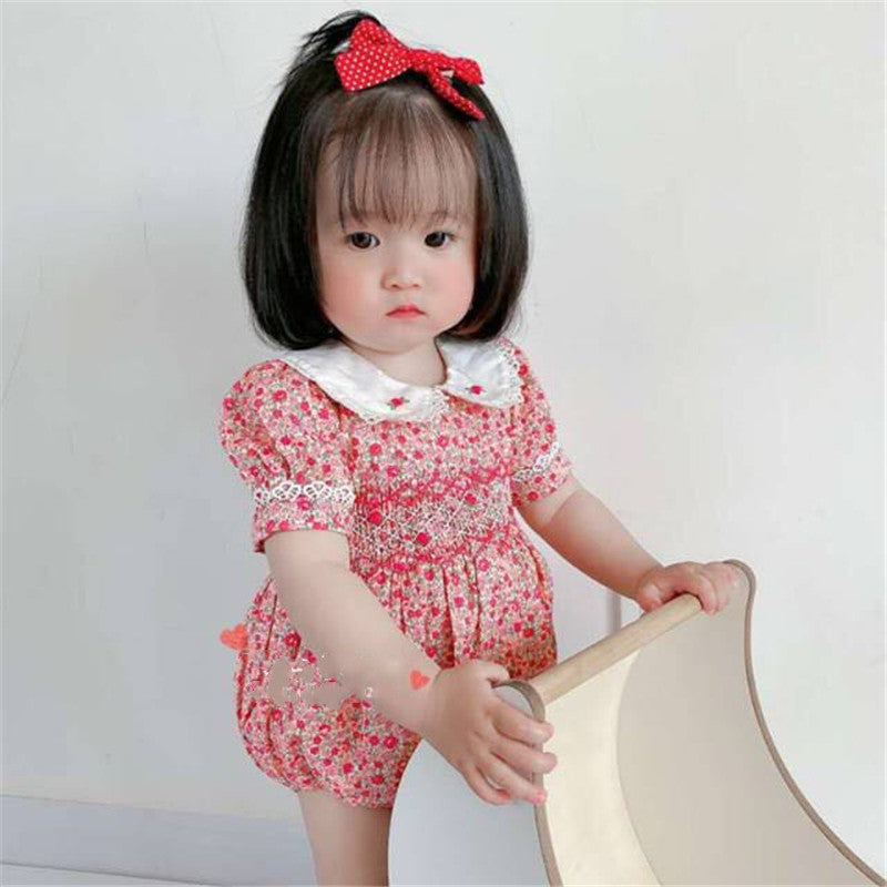 Girls' Pastoral Style Small Floral Short-sleeved One-Piece Romper