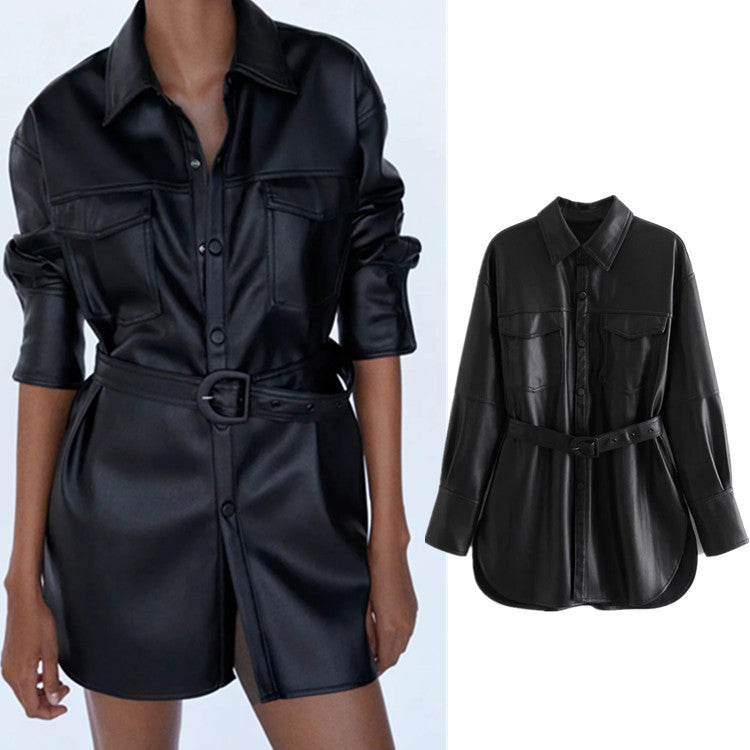 Faux Leather Loose-fitting Shirt With Flared Sleeves