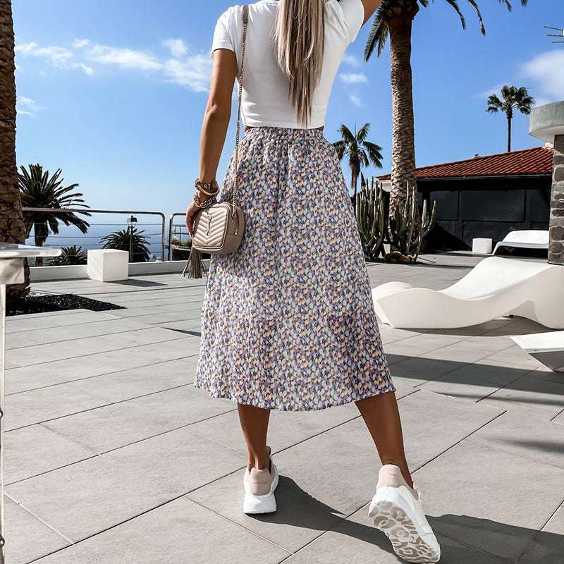 Spring Casual Women Midi Skirt A-Line Floral Printed High (by quicklify)