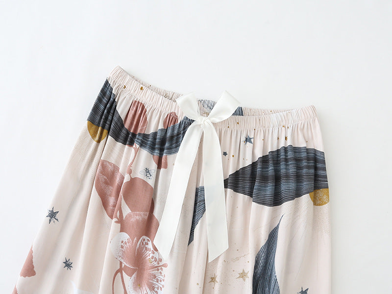 Pajamas Women's Summer Cotton Silk V-Neck Wide Leg Trouser Sets