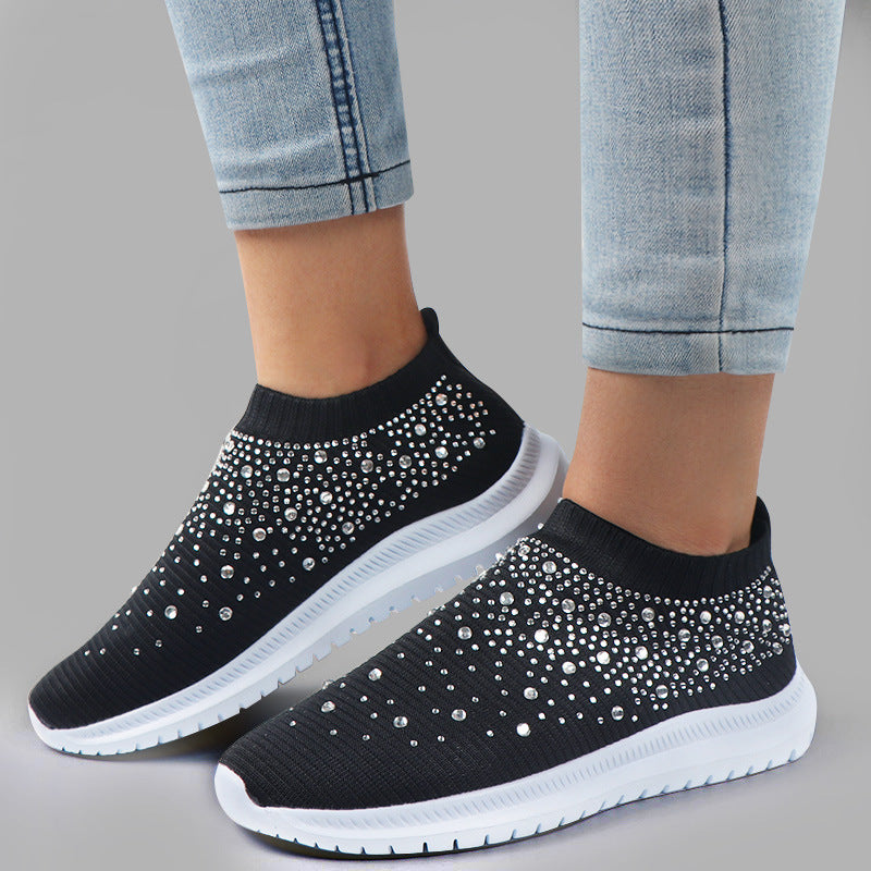 Cross-Border Amazon Large Size Rhinestone Elastic Socks Shoes Casual Men'S And Women'S Sports Shoes Md Bottom Flying Woven Breathable Light Shoes