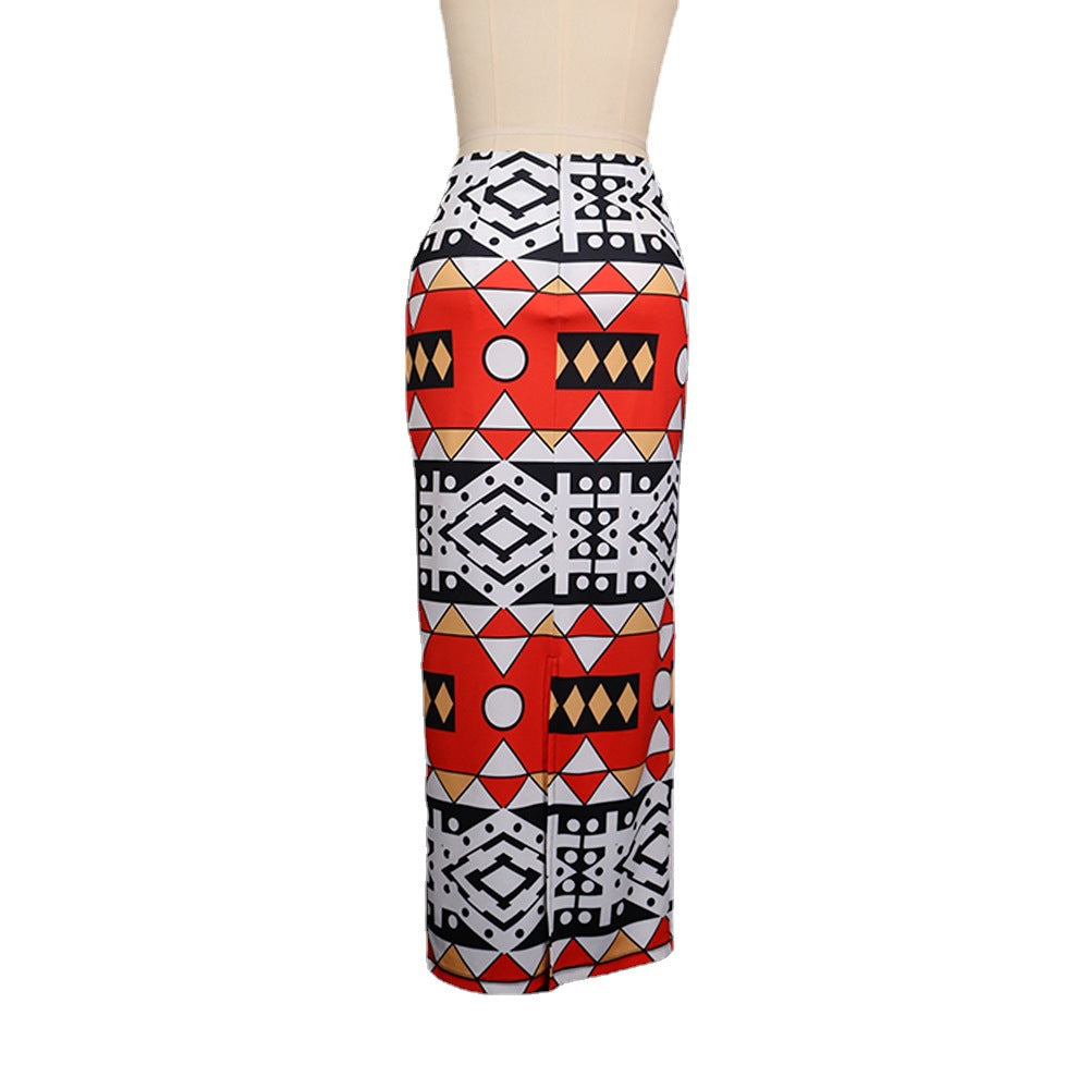 High Waist Large Size Slim Geometric Print Split Split Casual All-Match Bag Hips Women'S Skirt Skirt