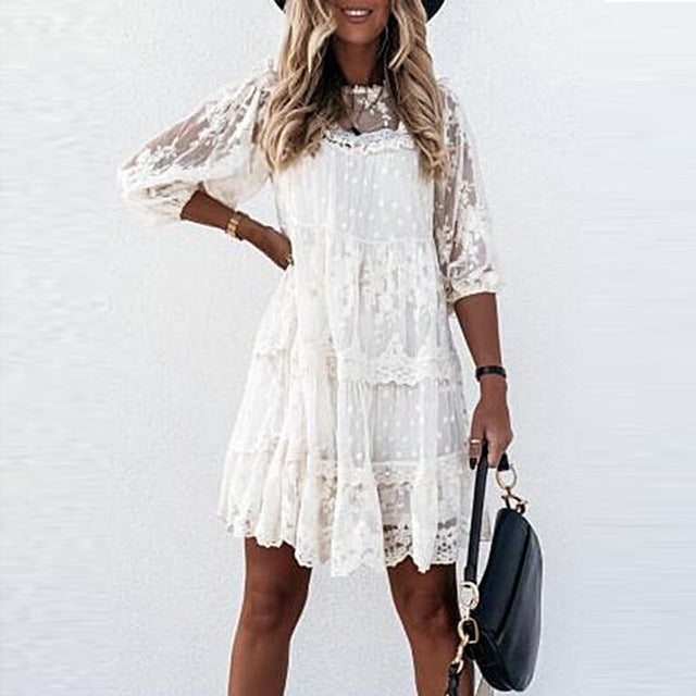 Women's New Solid Color Lace Stitching Lace Mid Length Dress