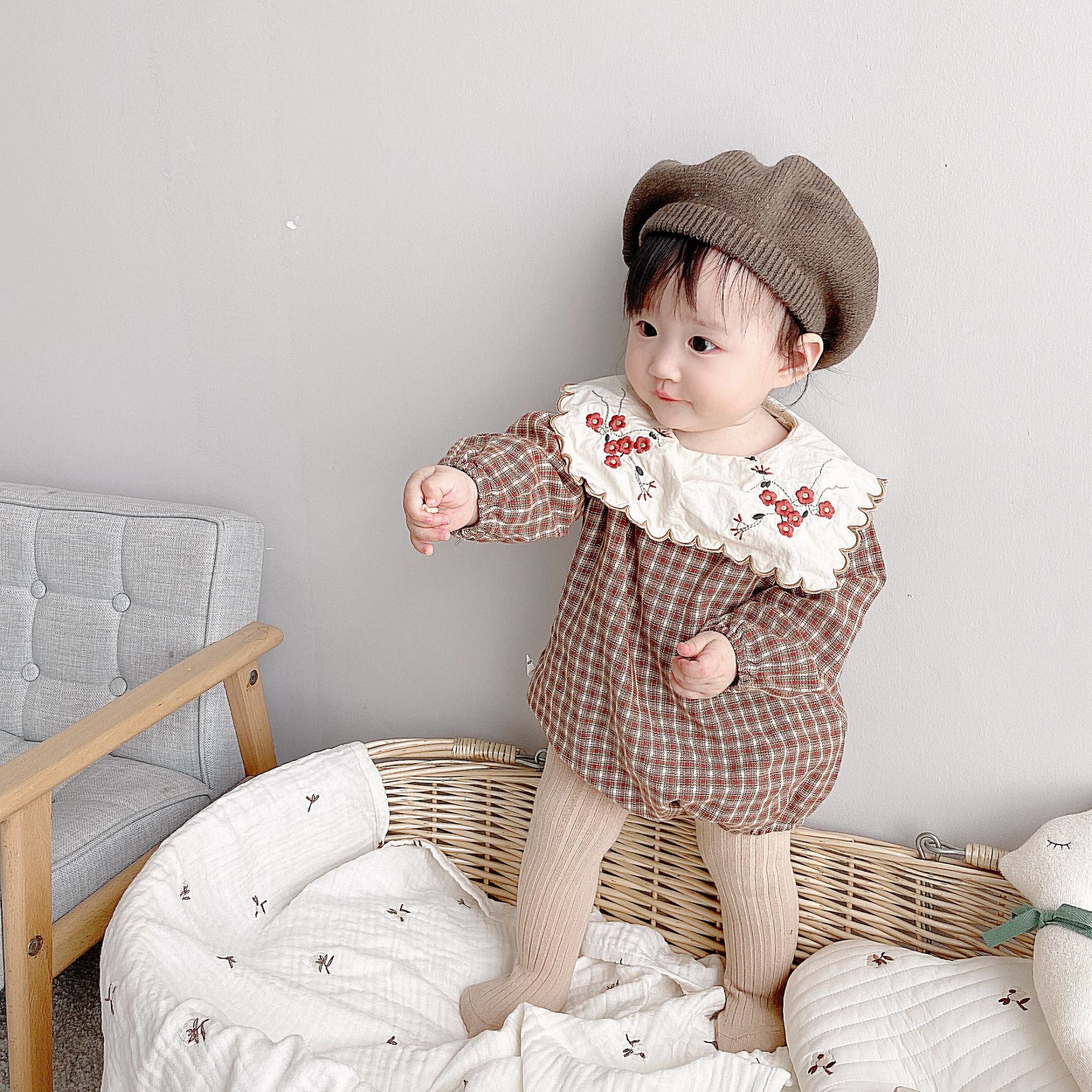 Baby Embroidery Triangle Climbing Children Korean Plaid Romper Baby Long Sleeve Romper Romper
