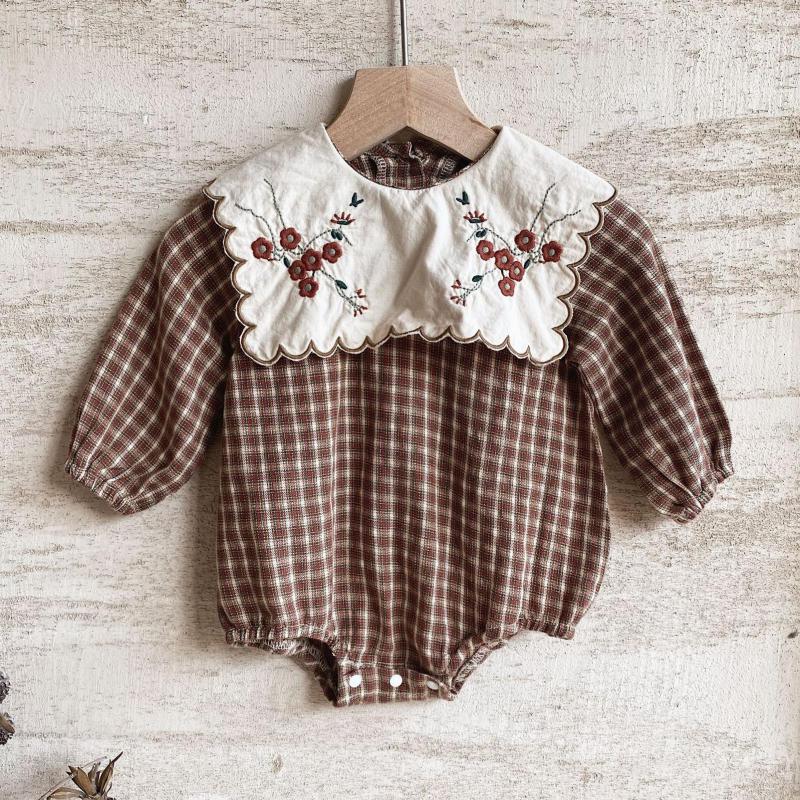 Baby Embroidery Triangle Climbing Children Korean Plaid Romper Baby Long Sleeve Romper Romper