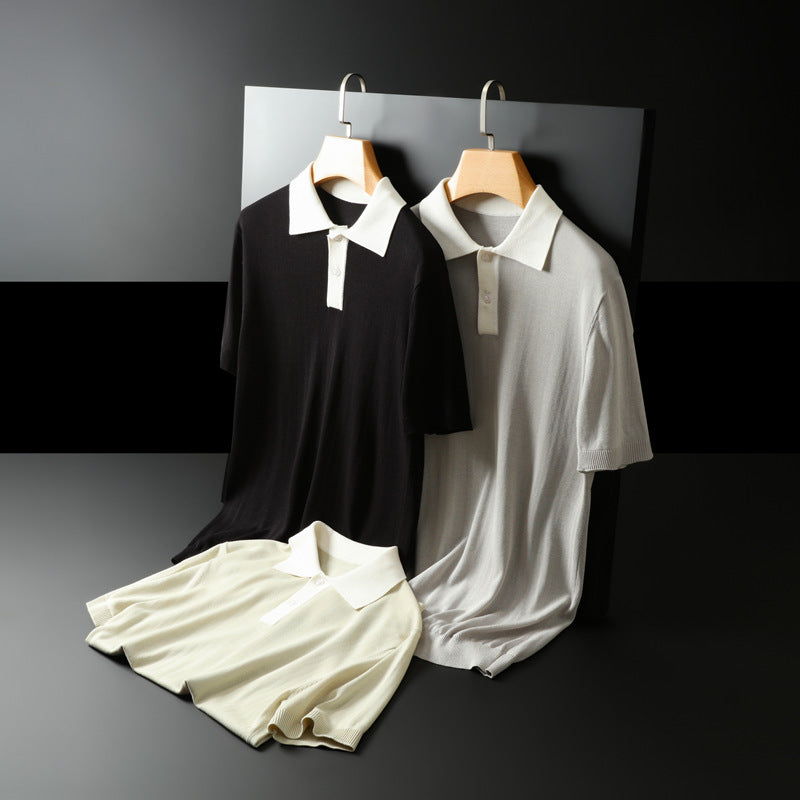 Summer Ice Silk Lapel Short-sleeved T-shirt Polo Sweater Men's Cross-border Japanese Breathable Silky