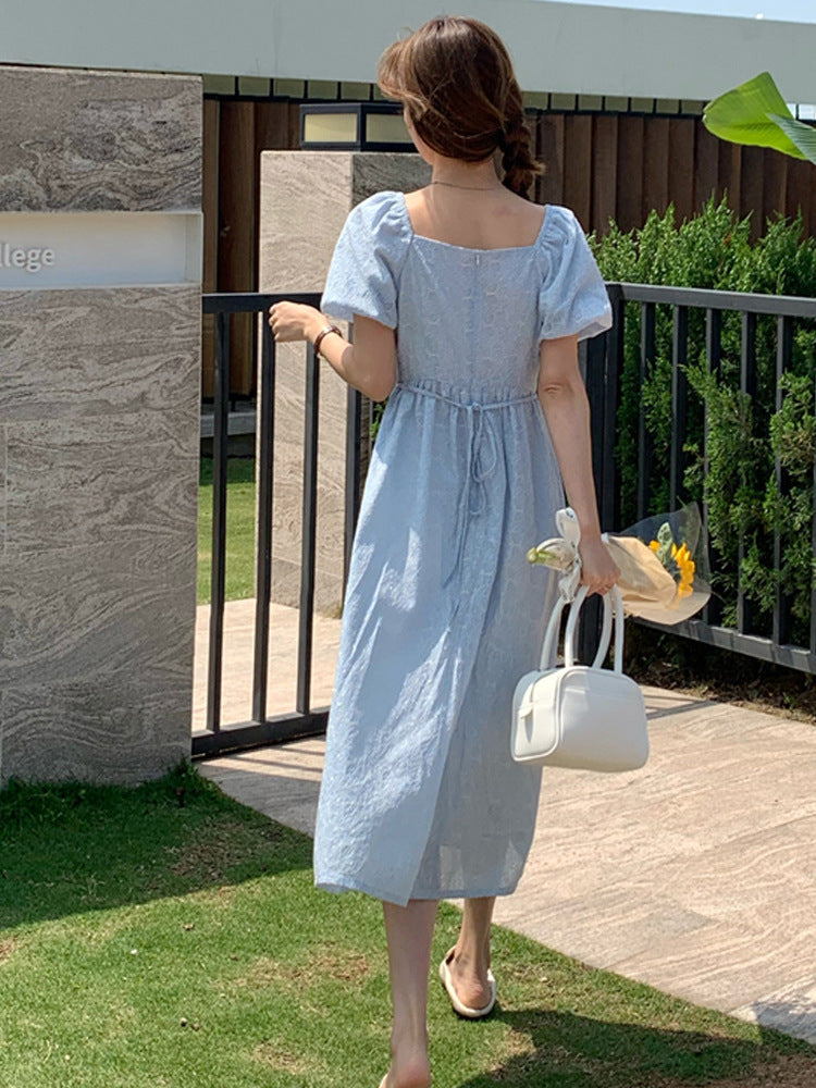 Summer blue dress with puff sleeves