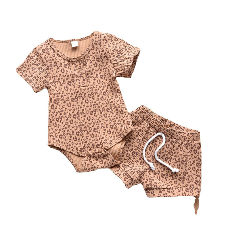Children's Summer Leopard Print Pit Striped Romper Shorts Two-piece Suit