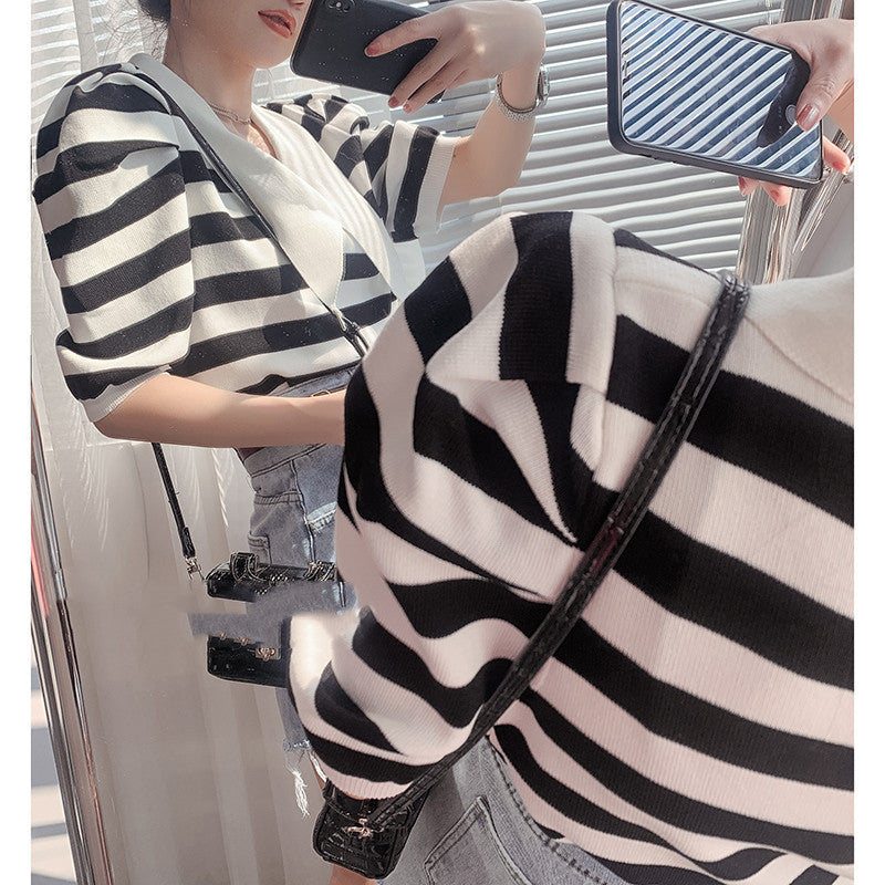 Square Neck Knitted Bubble Sleeve Short Sleeve T-Shirt Women''S Stripe 2021 Summer New Design Fashion Top
