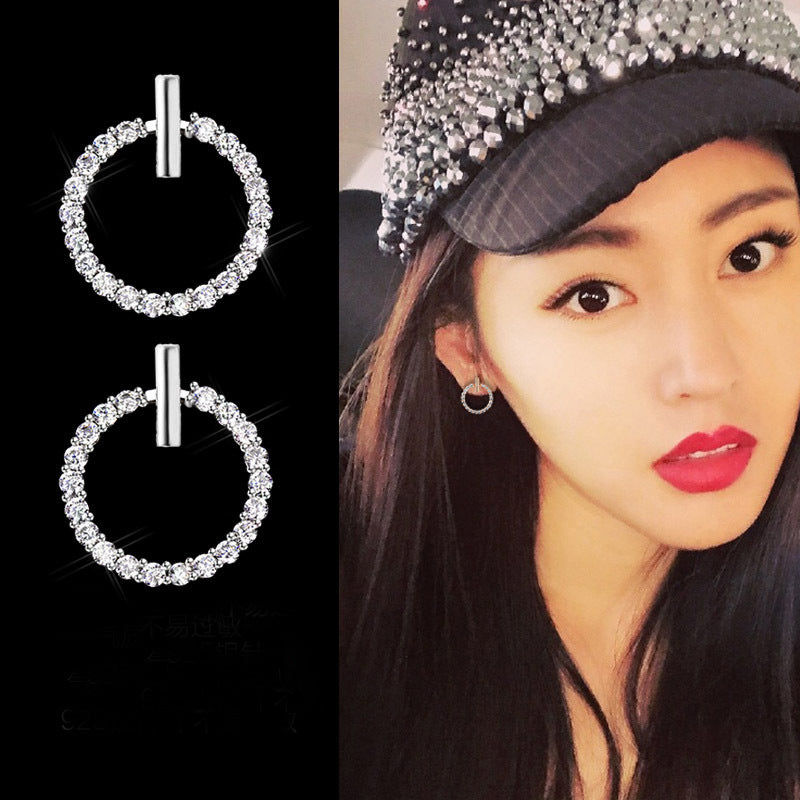 Fashion Circle Diamond Earrings Women's Pure Silver Earrings