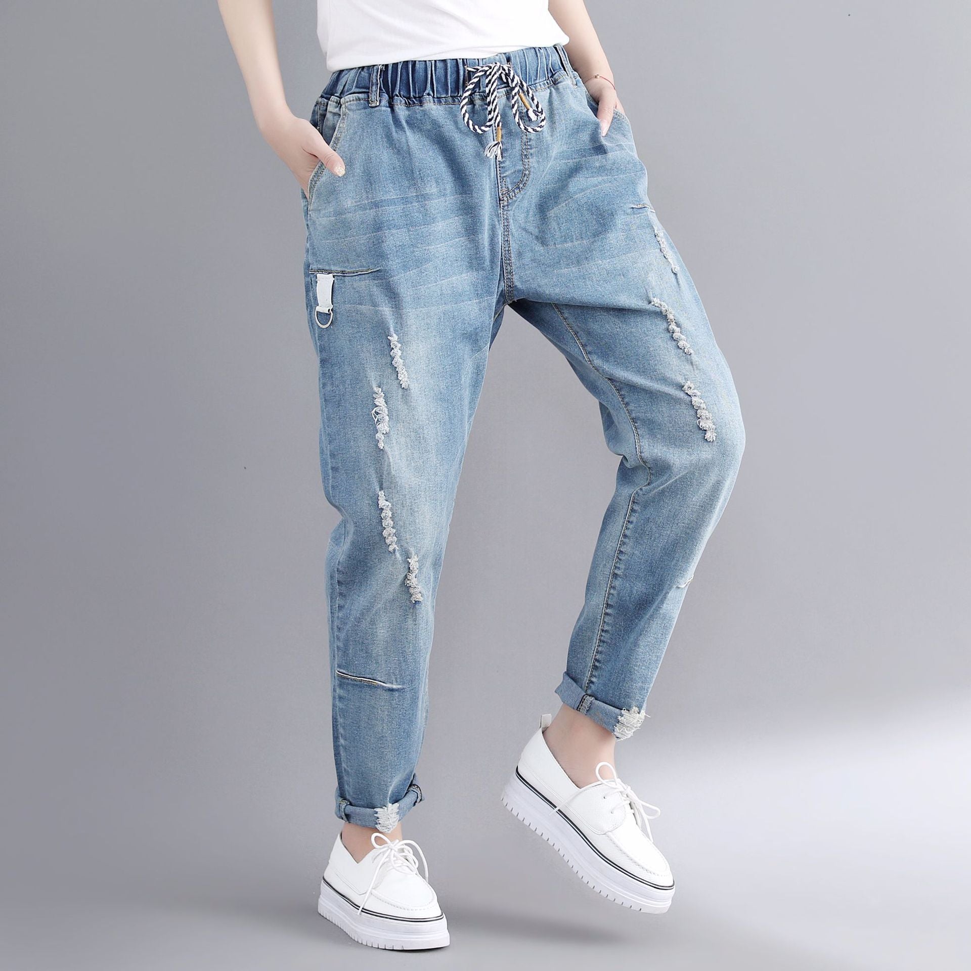 Stretch Elastic Waist Loose Slimming Ripped Jeans