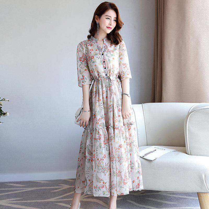 Korean Temperament Fairy Slim Long Five-point Sleeve Floral Chiffon Dress