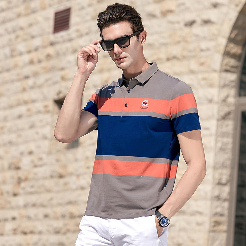 Summer Mercerized Cotton Striped Short-sleeved T-shirt Men's Lapel Business