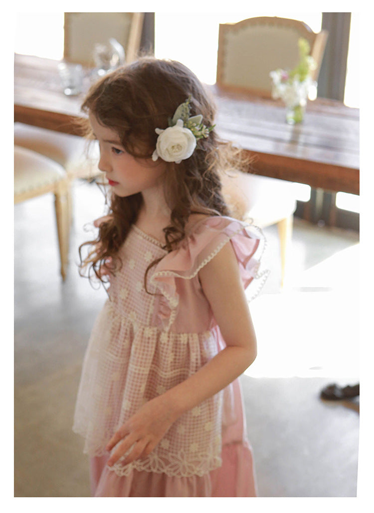 Summer Style Strawberry Shan Children Girl Western Style Lace Vest Dress Fake Two Pieces