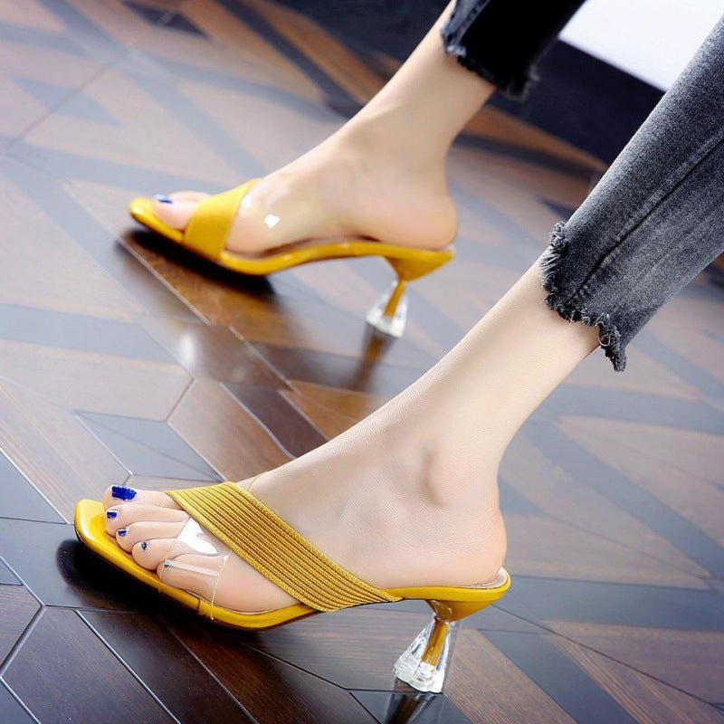 Summer New Open-toe Color Matching Non-slip Thick Heel Outer Wear A Flip-flop Korean Knit Stitching High Heels