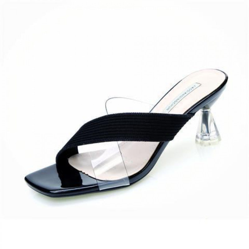 Summer New Open-toe Color Matching Non-slip Thick Heel Outer Wear A Flip-flop Korean Knit Stitching High Heels