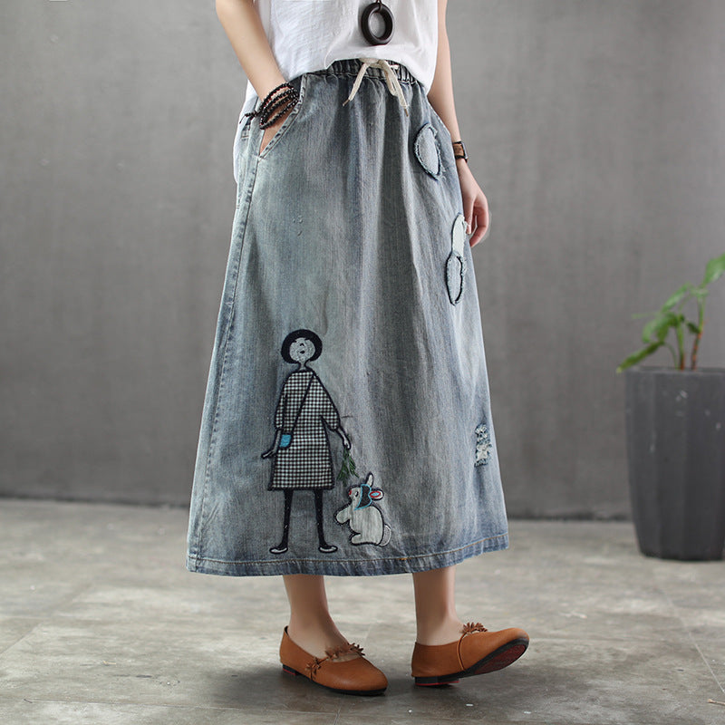 Ethnic Style Retro Print Little Girl Rabbit Denim Skirt Female Circle Patch Elastic Waist Hole Washed