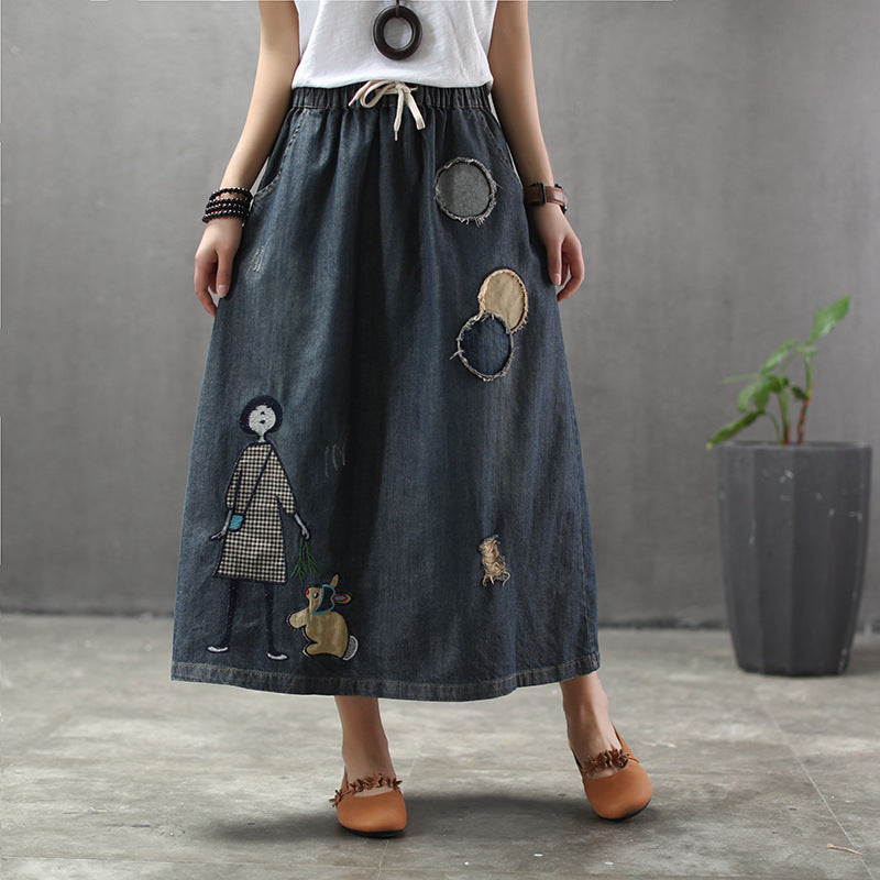Ethnic Style Retro Print Little Girl Rabbit Denim Skirt Female Circle Patch Elastic Waist Hole Washed
