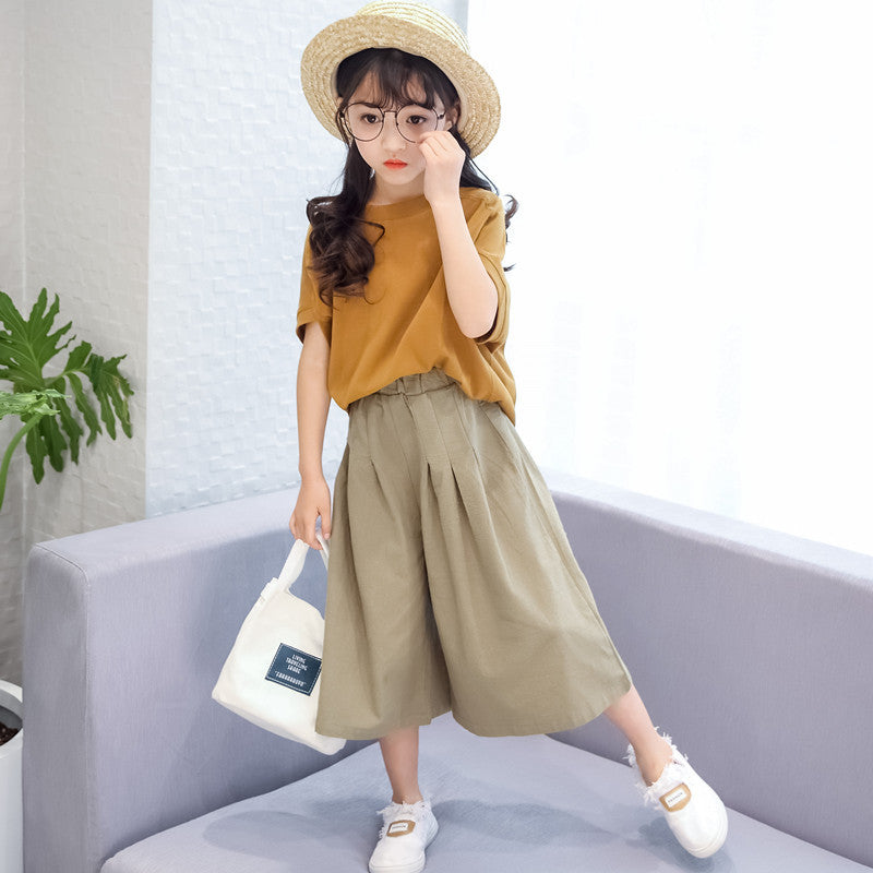 Girls' Suits 2021 Summer New Children's Clothing Big Children's Cotton And Linen Wide-leg Pants Loose Western Style Leisure Two-piece Trend