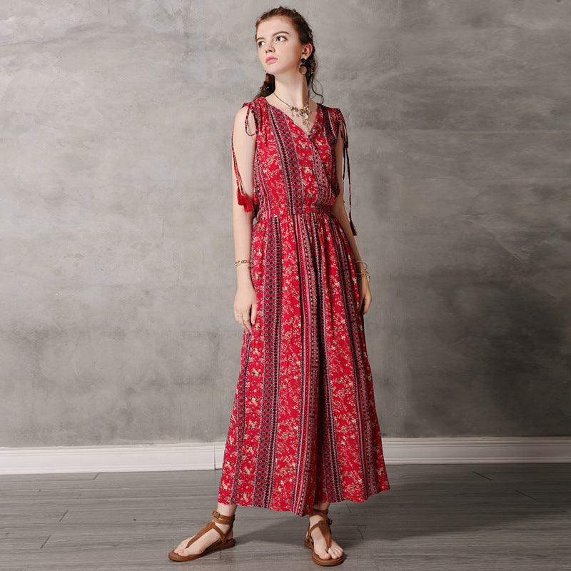 Cotton And Linen Printed Jumpsuit Retro V-neck Loose Dress