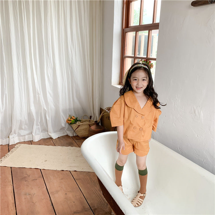 Korean Children's Clothing Girls Summer Double-breasted Mori Solid Color Shirt Wide-leg Five-point Pants Suit Middle And Small Children Two-piece