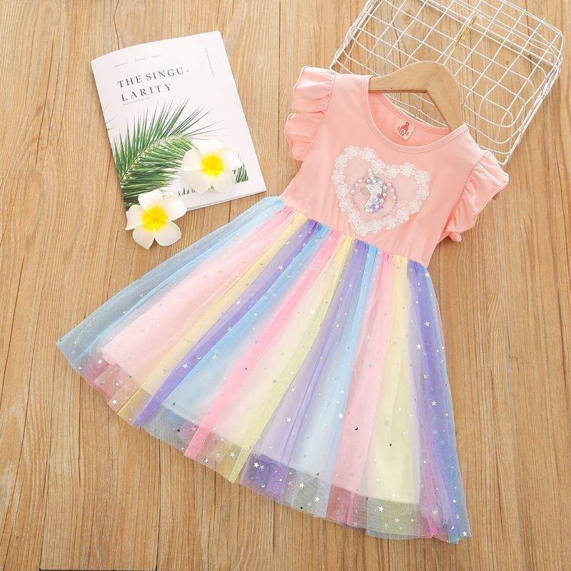 Girls Dress Western Style Little Girl Rainbow Skirt Princess Dress Gauze Skirt