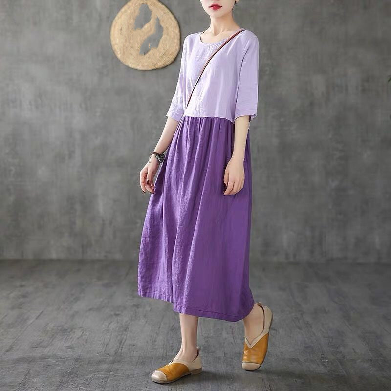 Summer New Retro Mid-length Skirt A-line Skirt Literary Age Reduction Contrast Color Stitching Large Swing Loose Dress