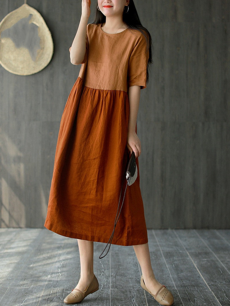 Summer New Retro Mid-length Skirt A-line Skirt Literary Age Reduction Contrast Color Stitching Large Swing Loose Dress