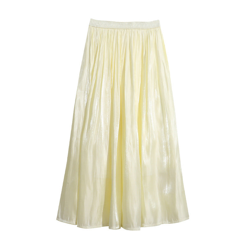 Summer New Elastic Waist Pearl Luster Mid-Length Over-The-Knee Skirt