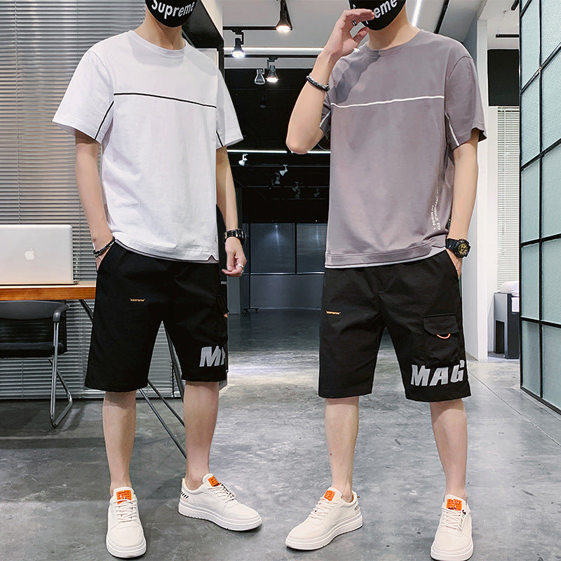 two men wearing t-shirt and shorts suit