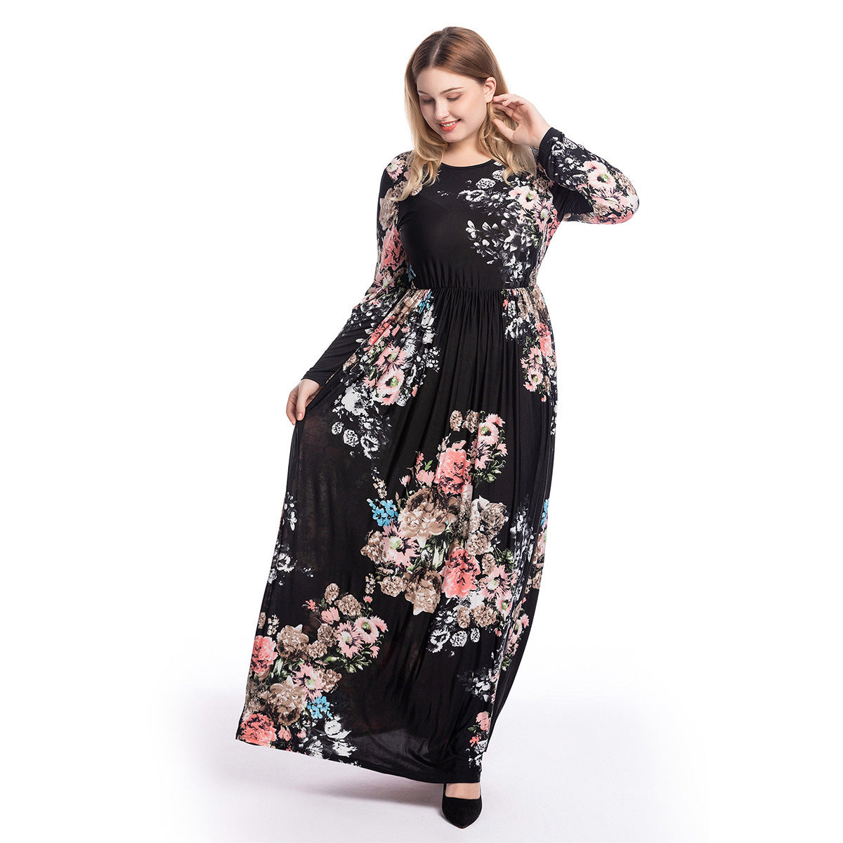 Hot Selling Plus Size Women's Printed Slim Long-sleeved Round Neck Dress