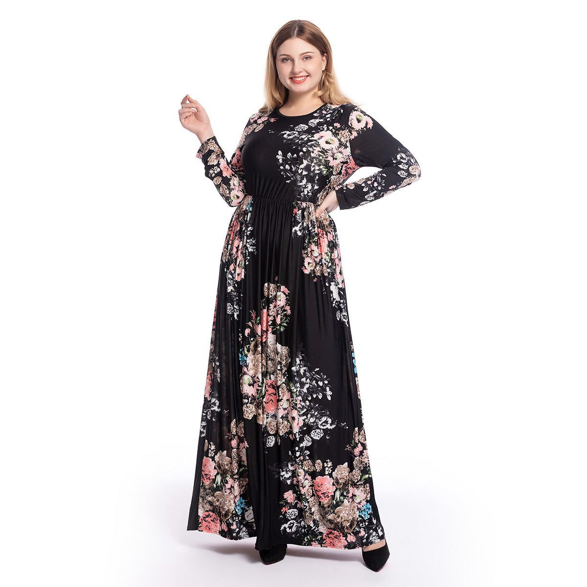 Hot Selling Plus Size Women's Printed Slim Long-sleeved Round Neck Dress