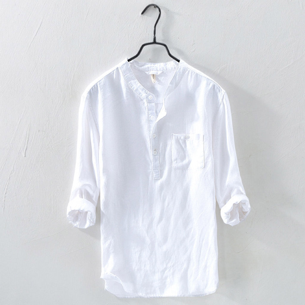 Cotton And Linen Long-sleeved Shirt Stand-up Collar Solid Color Shirt