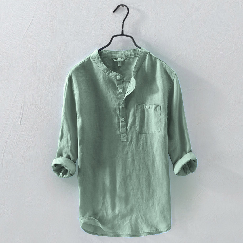 Cotton And Linen Long-sleeved Shirt Stand-up Collar Solid Color Shirt