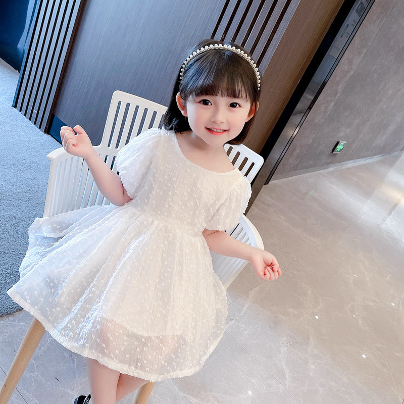 Girls Korean Style Solid Color Back Ribbon Children's Western Princess Dress