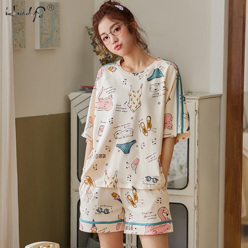 Pajamas Women Summer Pure Cotton Thin Short-Sleeved Shorts Cute Japanese Summer Two-Piece Suit