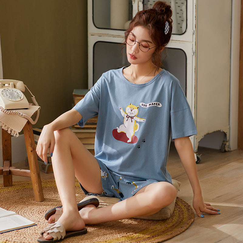 Pajamas Women Summer Pure Cotton Thin Short-Sleeved Shorts Cute Japanese Summer Two-Piece Suit