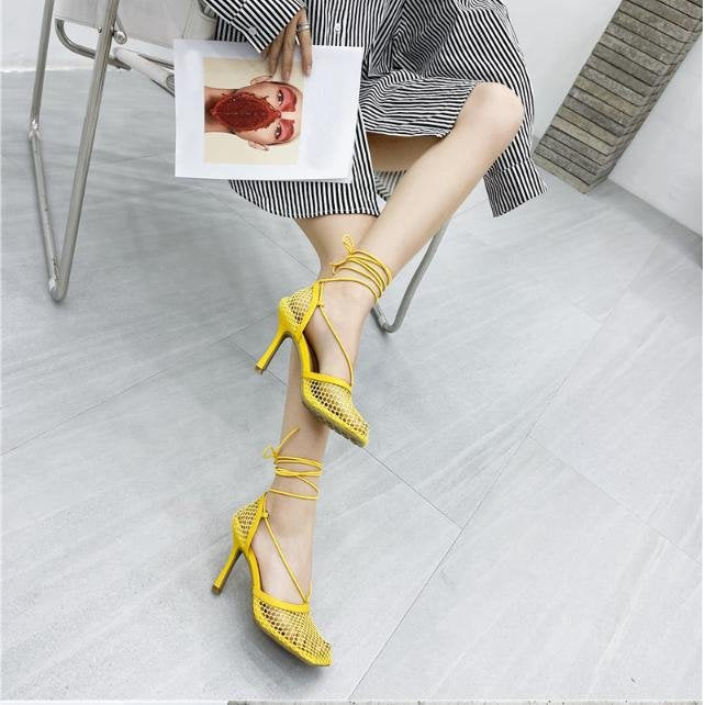 New Mesh Hollow Ankle Strap High-heeled Women's Shoes With Square Toe