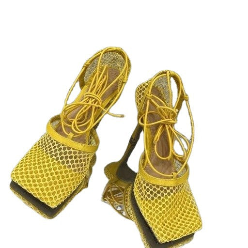 New Mesh Hollow Ankle Strap High-heeled Women's Shoes With Square Toe