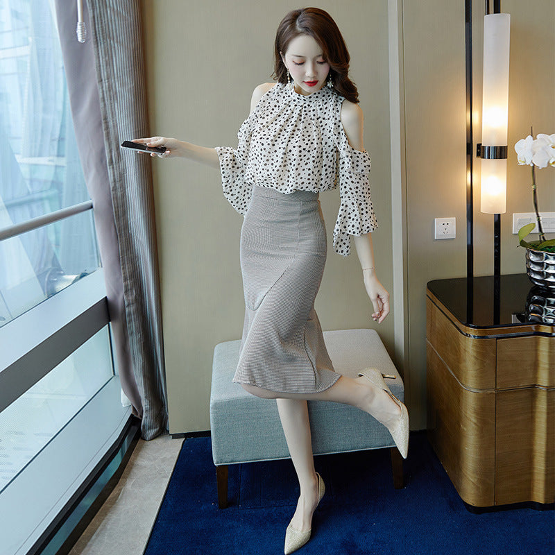 New Korean Fashion Women's Short-sleeved Chiffon Two-piece Suit
