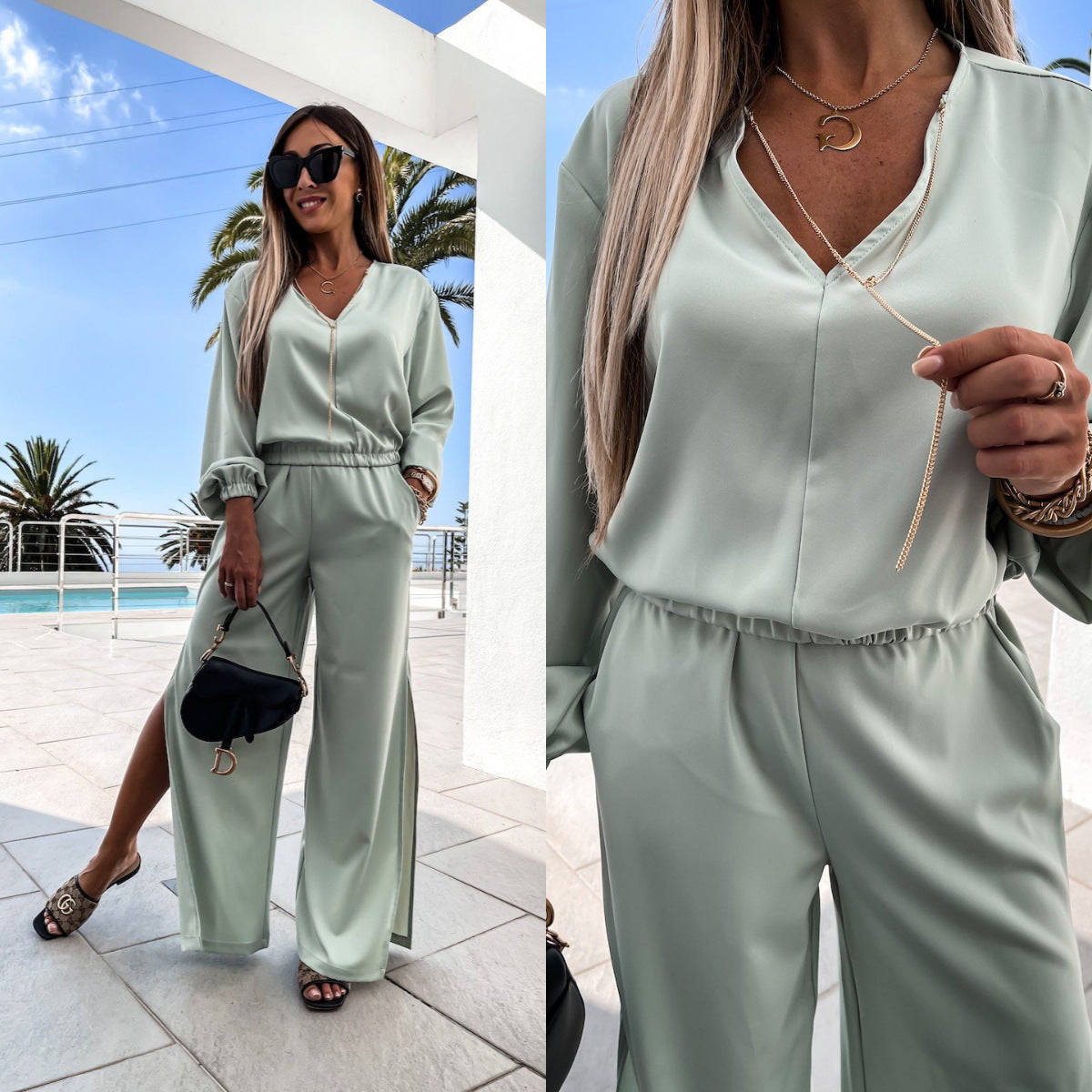 Two-piece V-neck Long-sleeved Casual Sports Suit