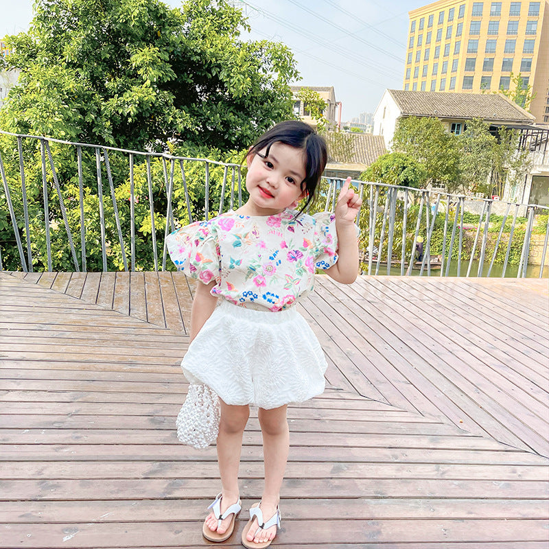 Summer New Korean Children's Clothing Girls Floral Shirt Suit