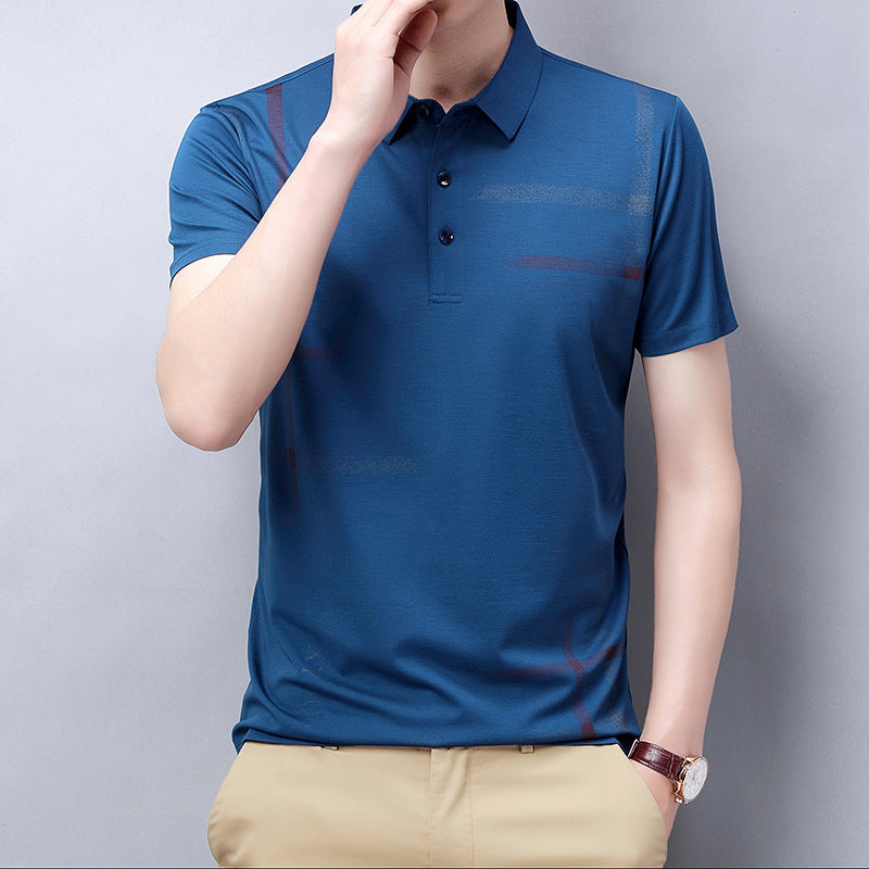 Young And Middle-aged Casual Blue Solid Color Summer Short-sleeved Basic Public Slit Thin T-shirt POLO Shirt
