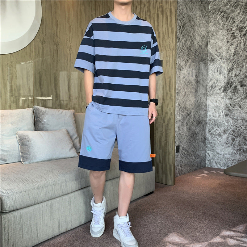 Summer New Style Hong Kong Style Striped Loose Casual Men's Sports Suit