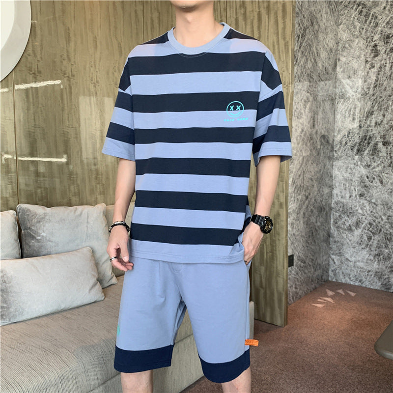 Summer New Style Hong Kong Style Striped Loose Casual Men's Sports Suit