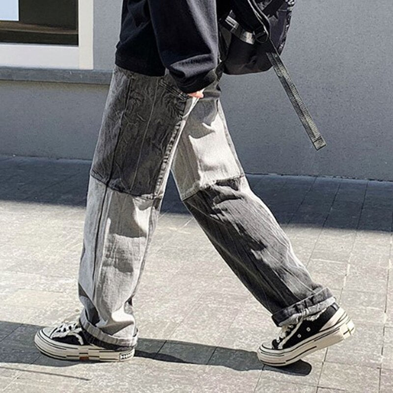 Men's stitching wide-leg jeans