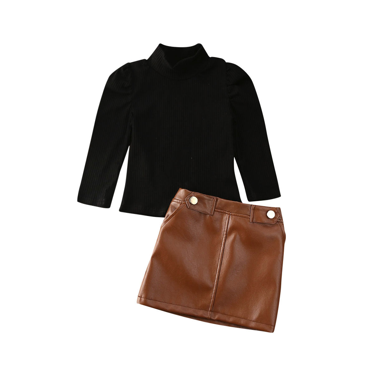 Two-piece girl's long-sleeved blouse with button pocket leather skirt