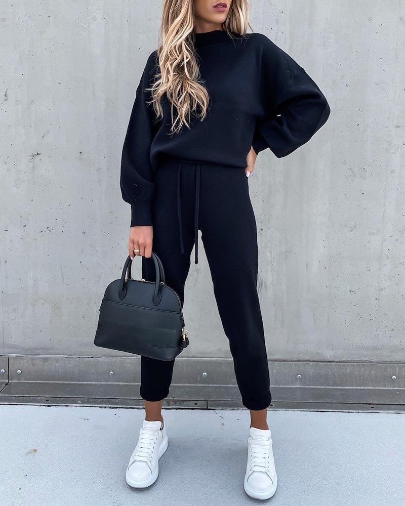 High Collar Casual Solid Color Trousers Two-Piece Sweater Suit