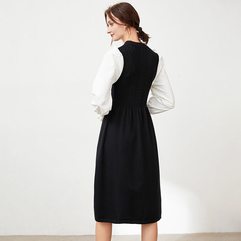 Knitted Dress Shirt Sleeve Stitching High Waist Skirt