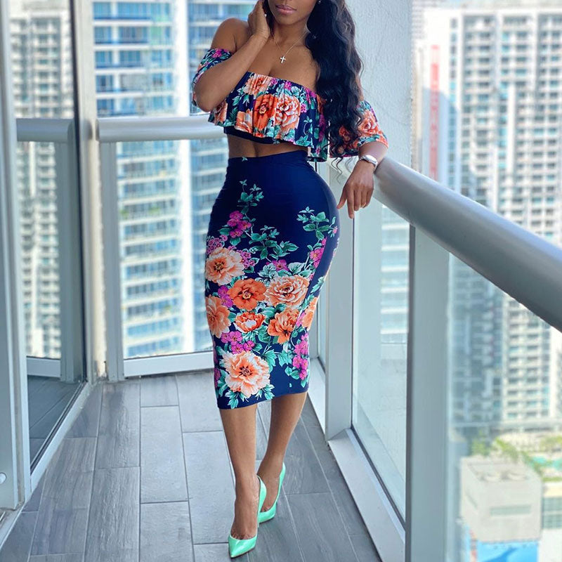 Floral Print Tube Top Skirt Suit